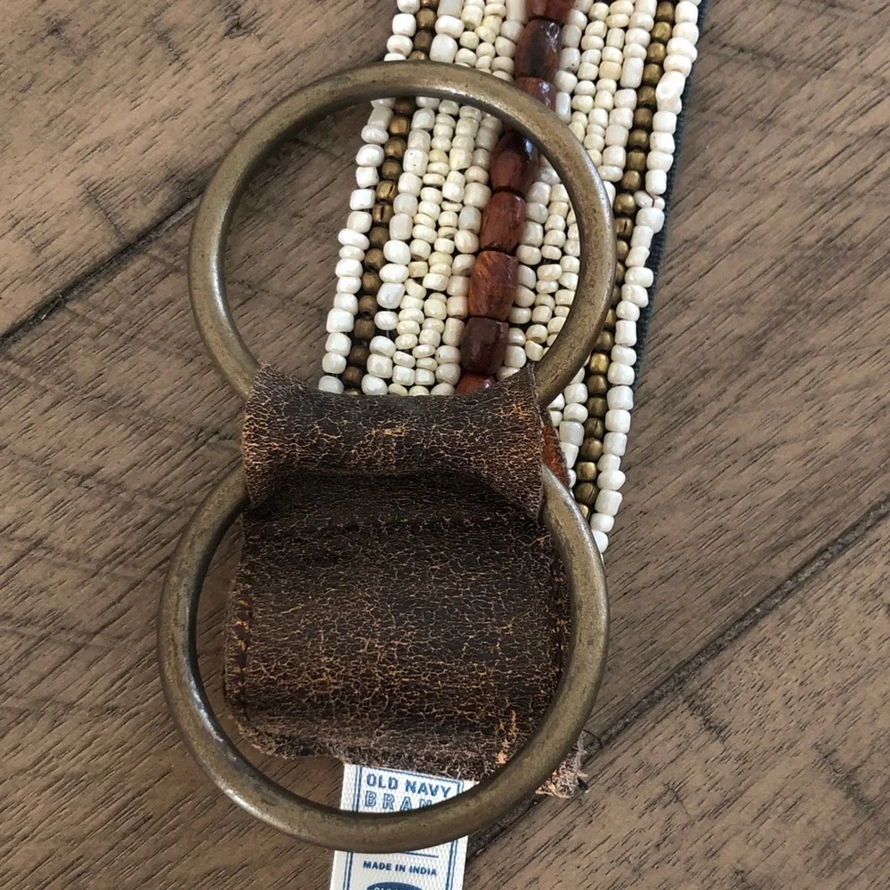 Old Navy beaded western boho Brown Leather Trim belt Festival Hippie
